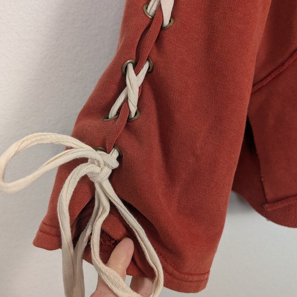 POL Hooded Sweatshirt S Burnt Orange Red Lace Up Sleeve Oversized Casual Cozy - Picture 6 of 8
